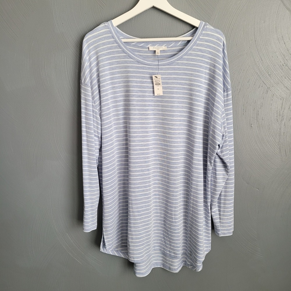 TALBOTS Plus Top Size 1X Jersey Lounge Blue White Stripe Long Sleeve NEW‎